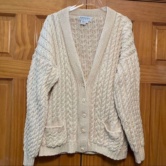 Artisan Wear Vintage Ivory Cardigan Cable Knit Sweater Size Medium - Picture 3 of 5